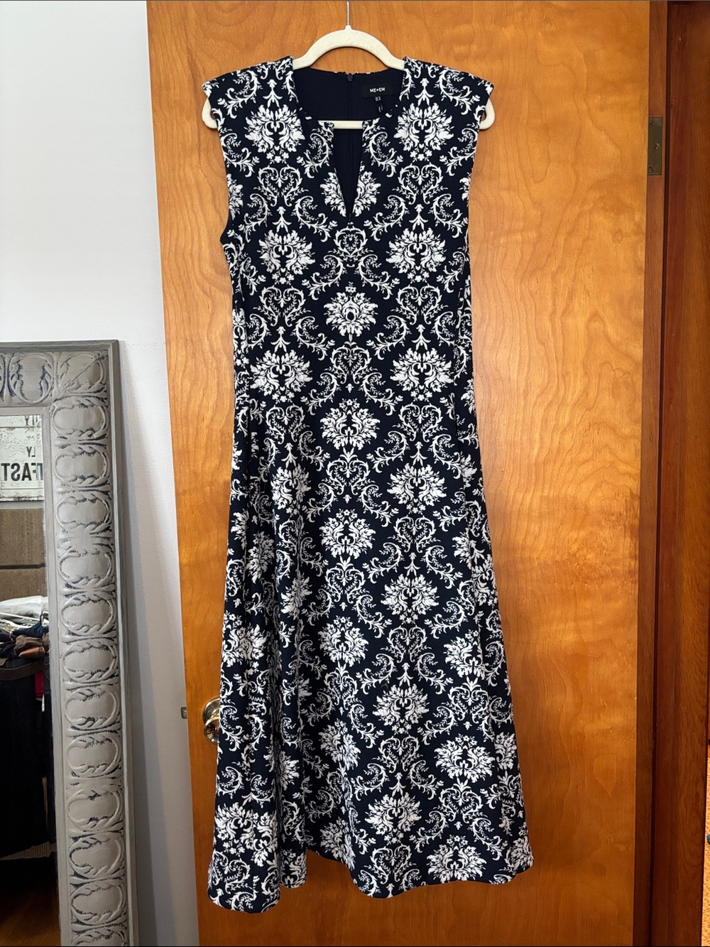 ME+EM Navy and White Damask Midi Dress